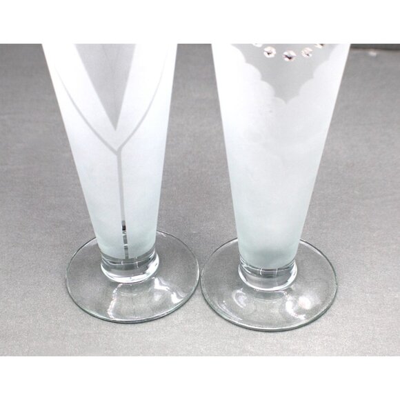 Bride And Groom Frosted Pilsner Beer Glasses With Crystals And Black Bow Tie - Picture 3 of 9